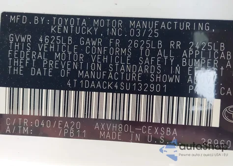 2025 Toyota Camry Se from USA, damaged, VIN 4T1DAACK4SU132901